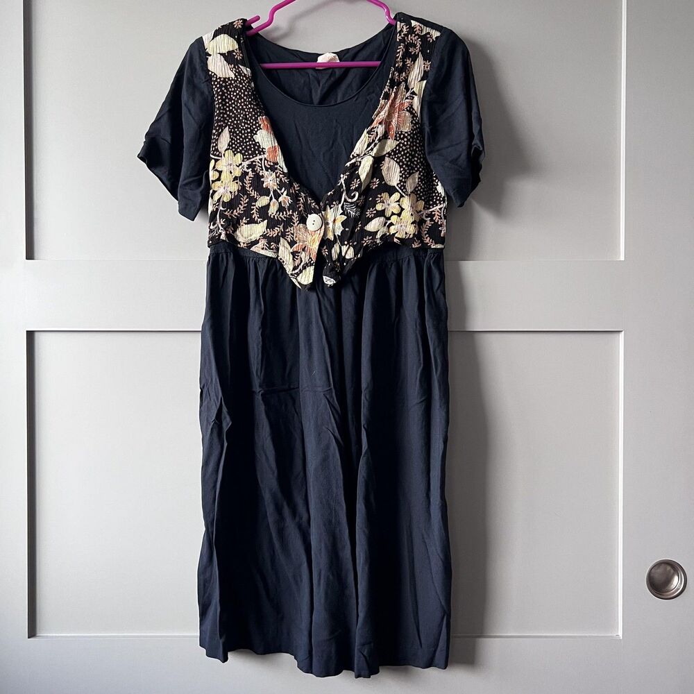 VINTAGE Sun Babies Hawaii Dress‎ Womens Small Black Floral Patchwork Midi 90s